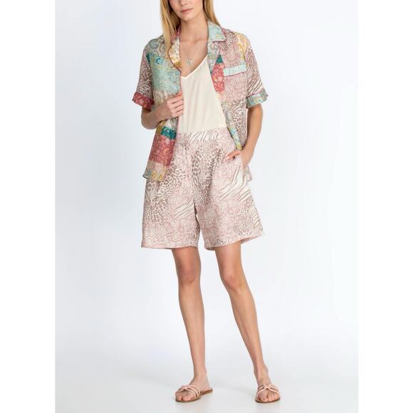 JOHNNY WAS Jayla Linen Animal Print Short Womens Medium High Rise Pull On Pleat - Picture 1 of 16